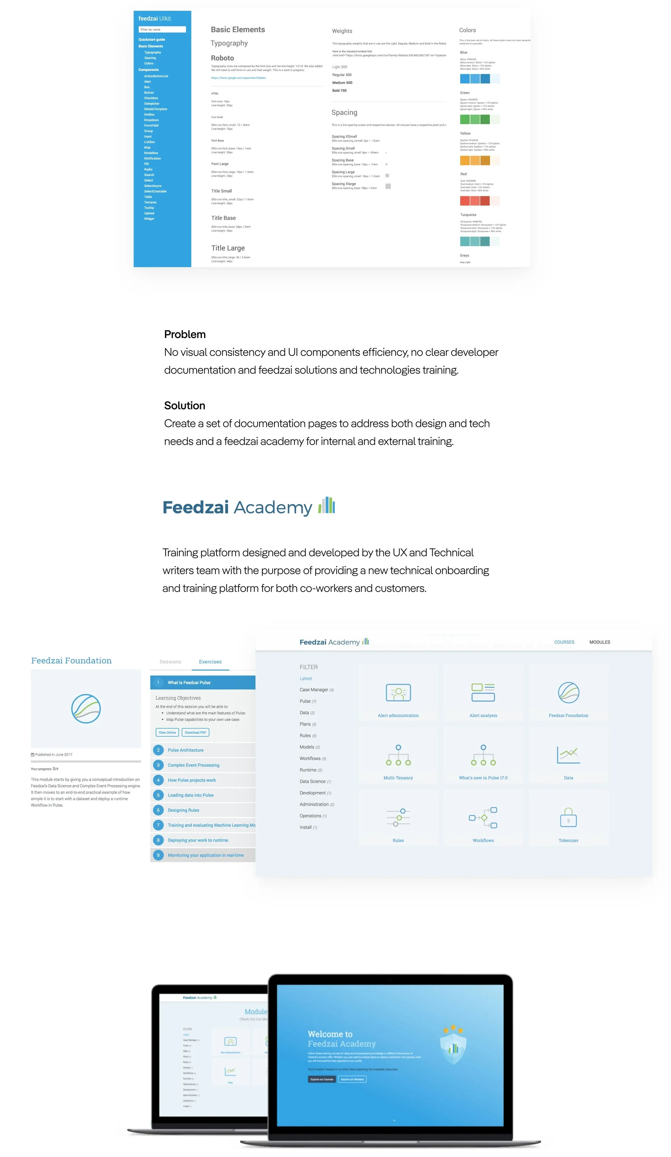 Feedzai UI kit library and documentation, the Feedzai Developers portal, and Feedzai Academy: a training platform for onboarding co-workers and customers