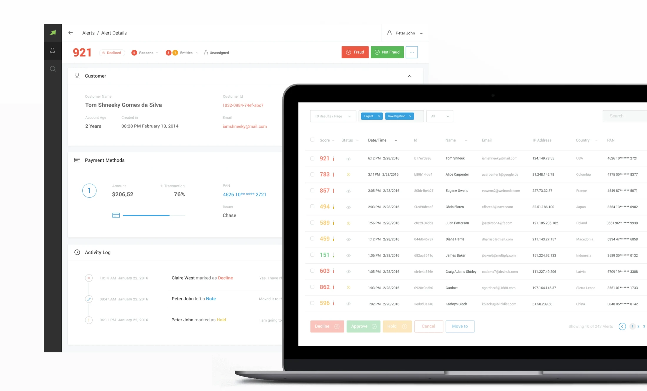 Alert Details screen: customer profile, payment methods and activity log, alongside the Alerts queue with score, status and entity columns