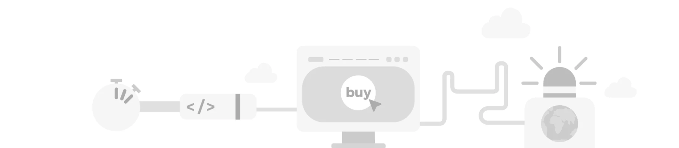 Abstract diagram: a timer and code editor feeding into a browser buy flow, connecting through to a global alert siren