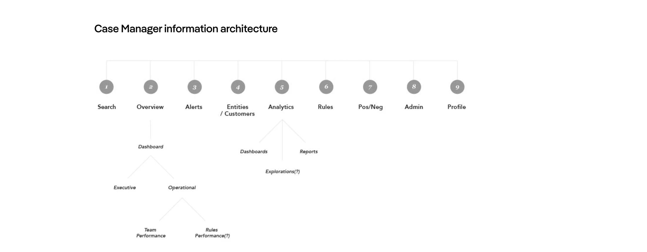 Case Manager information architecture: Search, Overview, Alerts, Entities, Analytics, Rules, Pos/Neg, Admin, Profile