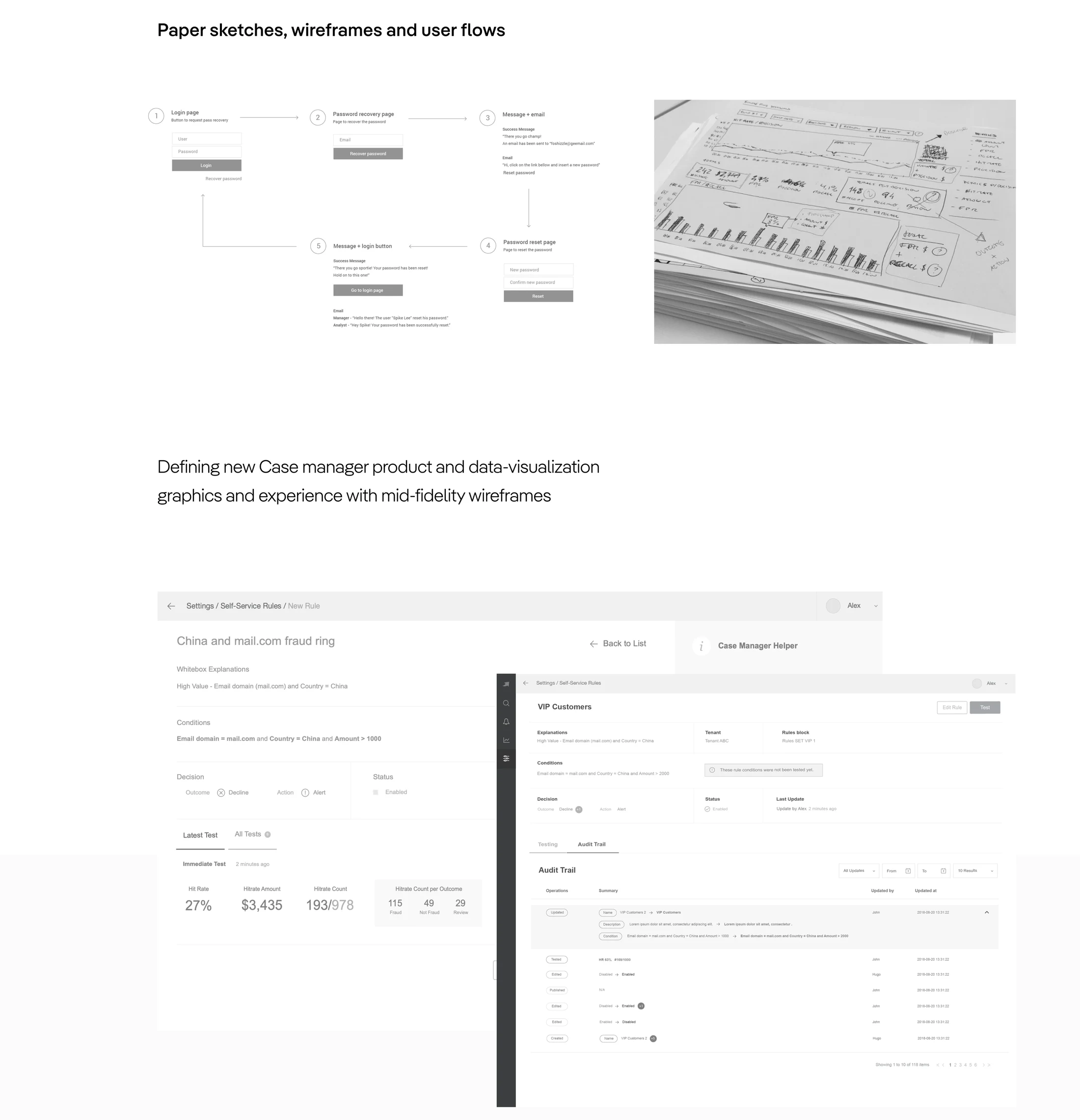 Paper sketches and user flows, followed by mid-fidelity wireframes of the Self-Service Rules and Case Manager Helper screens