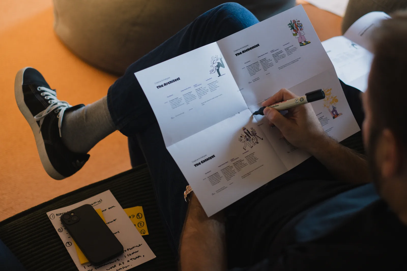 A designer annotating the Creative Archetypes worksheet, working through The Architect, The Alchemist and The Catalyst