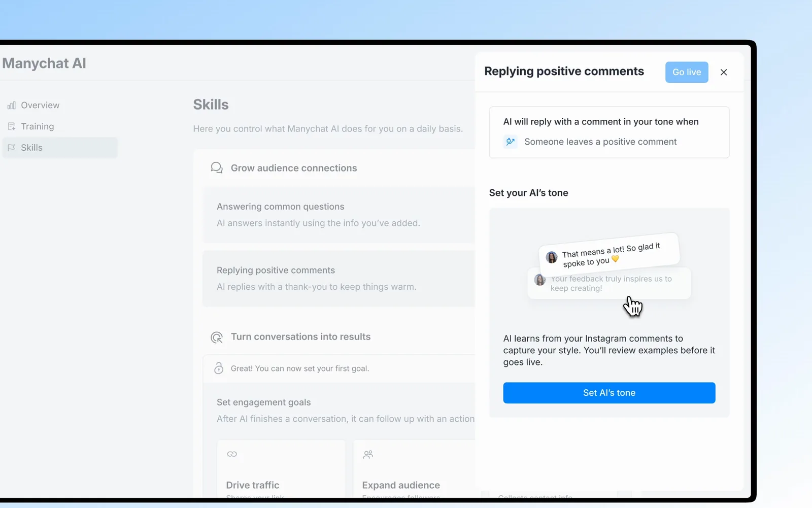 Setting the AI's tone: the product shows real comments the business has received and the reply the AI would write, for the owner to accept or reject before it goes live