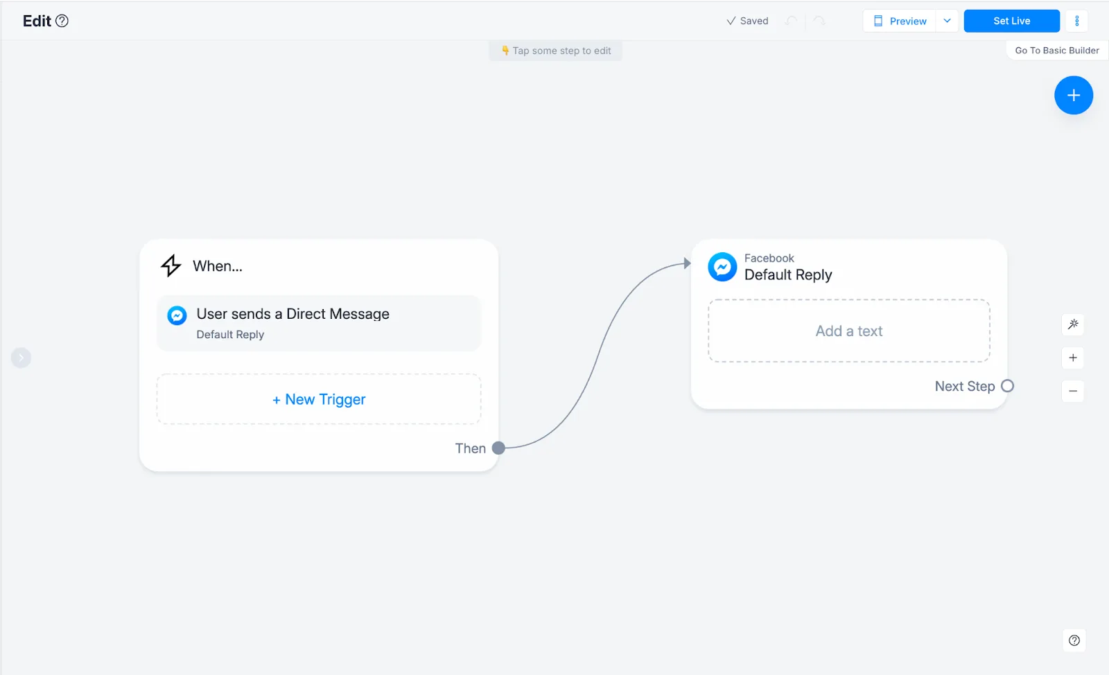 Manychat automation builder: a When trigger for a direct message wired to a Facebook default reply step
