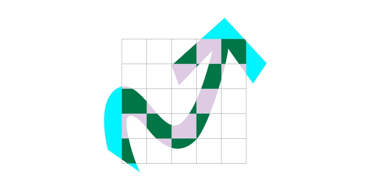 Manychat brand graphic: a rising arrow drawn across a grid in green, cyan and lilac